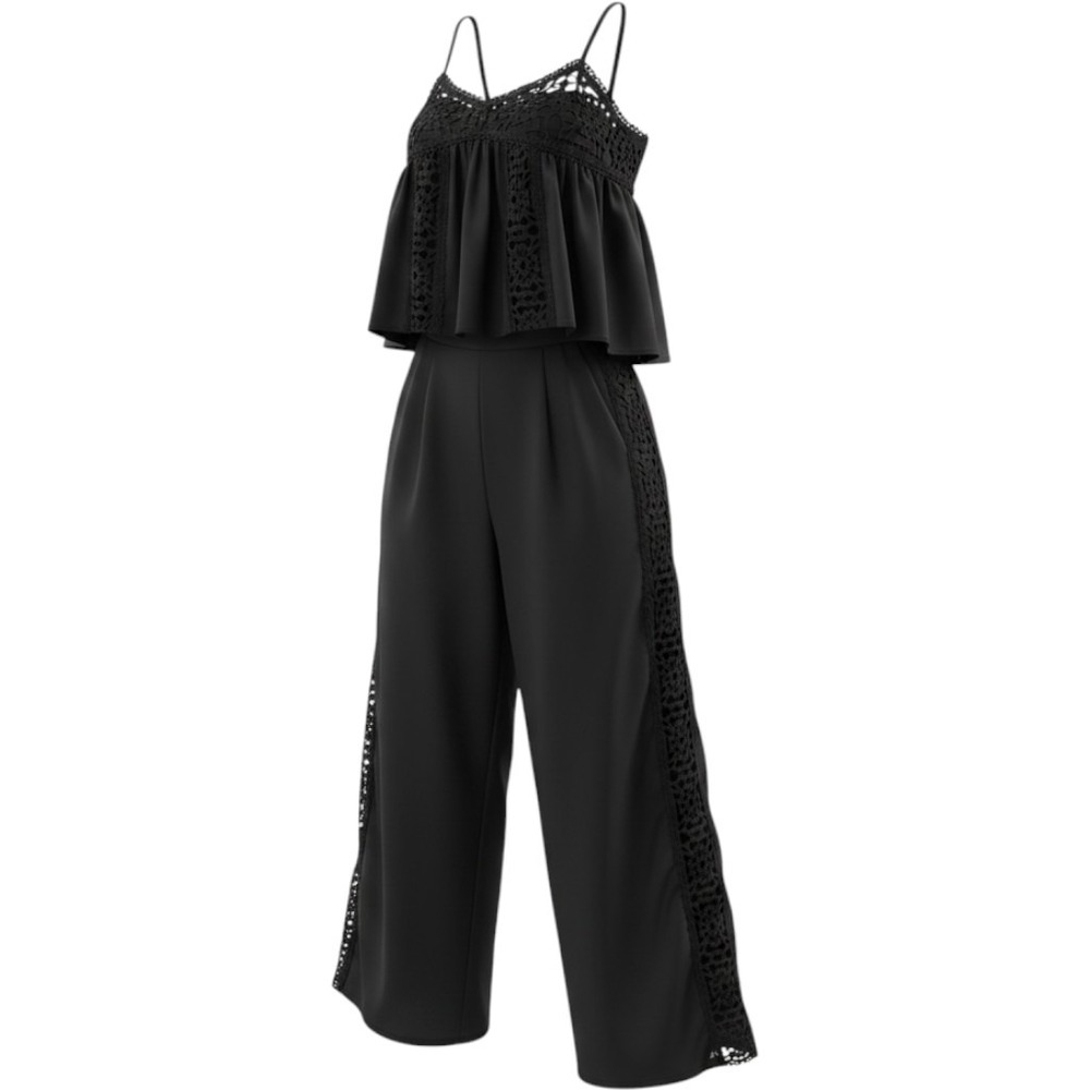 EB LUXE Los Angeles Black 2 Piece Crochet Lace Crop Top Wide Leg Pant Set L